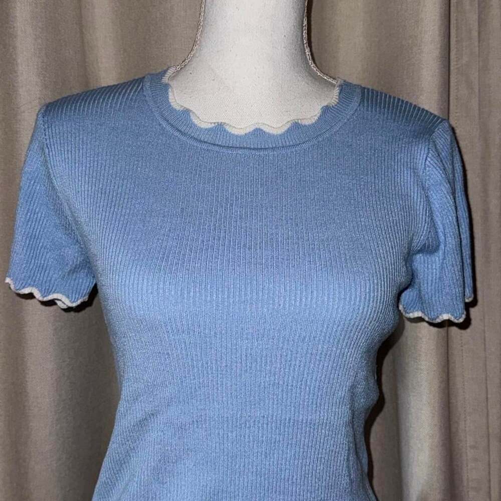 12th Street By Cynthia Rowley Ribbed Baby Tee Size S Blue Lettuce Trim